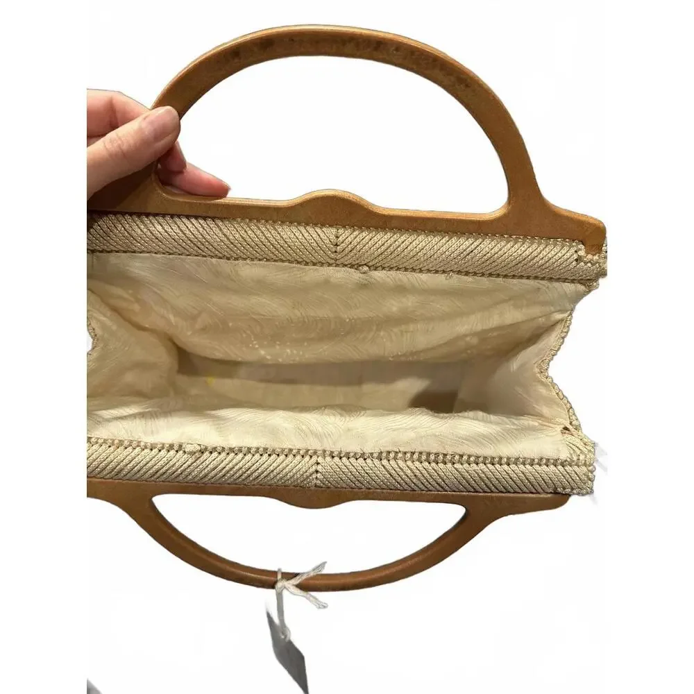 70s Vintage Needlepoint Boho Handbag with Wood Handle - Picture 2 of 5